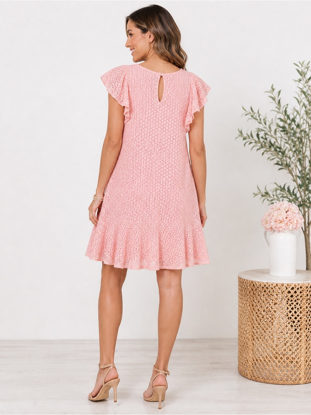 Roz‎ & Ali Blush Pink Eyelet Ruffle Dress Flutter Sleeve A-Line Large XL - Picture 2 of 5